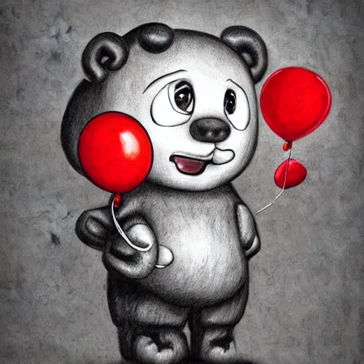 Prompt: surrealism grunge cartoon portrait sketch of a teddy bear with a wide smile and a red balloon by - michael karcz, loony toons style, billie eilish style, horror theme, detailed, elegant, intricate