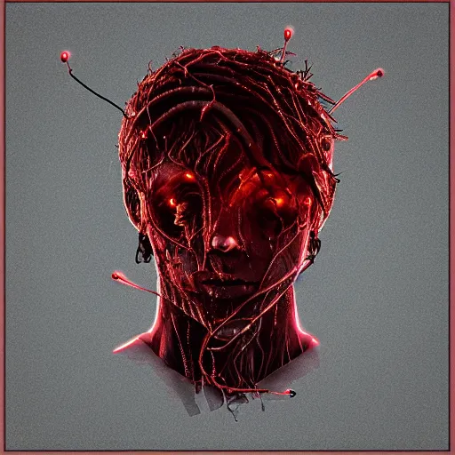 Image similar to a square computer coated in, clumps of hair, wires, leds, thermal sink, electronics,, skin, flesh, blood, guts and teeth, artstation