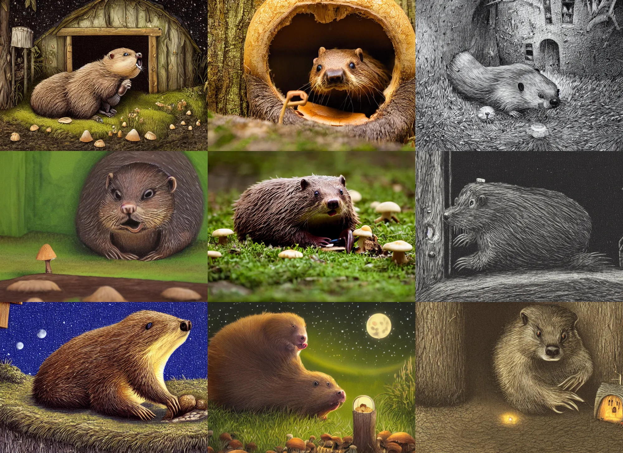 Image similar to angry anthropomorphic beaver knocking on his neighbors mushroom house door, incredibly fine detailed portrait, dynamic angle, 2 0 0 mm focal length, highly detailed, dramatic full moon lighting, many fireflies