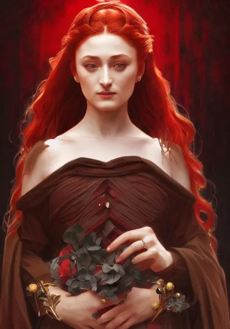 Prompt: portrait of sansa stark dark crimson poison sharp, intricate, elegant, highly detailed, digital painting, artstation, concept art, smooth, sharp focus, illustration, art by artgerm and greg rutkowski and alphonse mucha and william - adolphe bouguereau