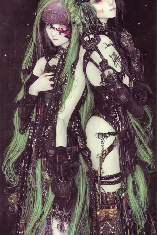 Image similar to two cute beautiful young goth maidens, green hairs and white hairs, cyberpunk, Warhammer 40000, gothic, highly detailed, artstation, illustration, art by Gustav Klimt and Range Murata