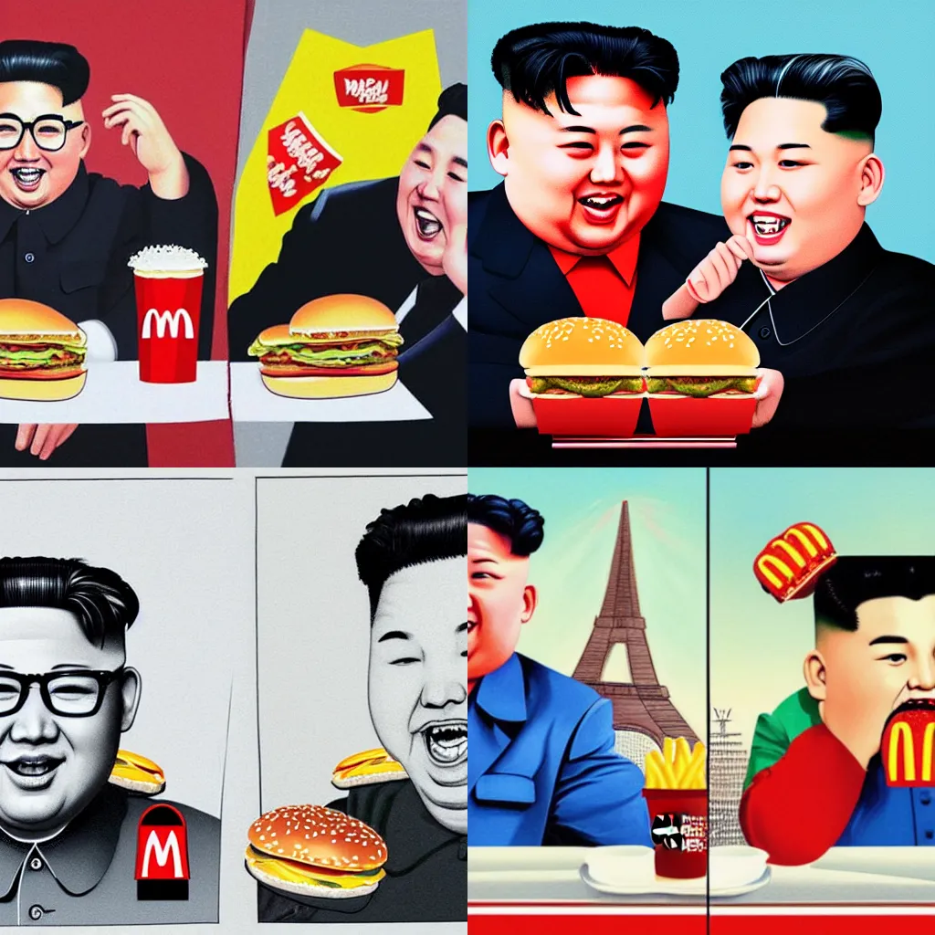 Prompt: beautiful portrait of kim jong un and mario eating mcdonalds hamburgers on top of the eiffel tower, modern art, concept art,