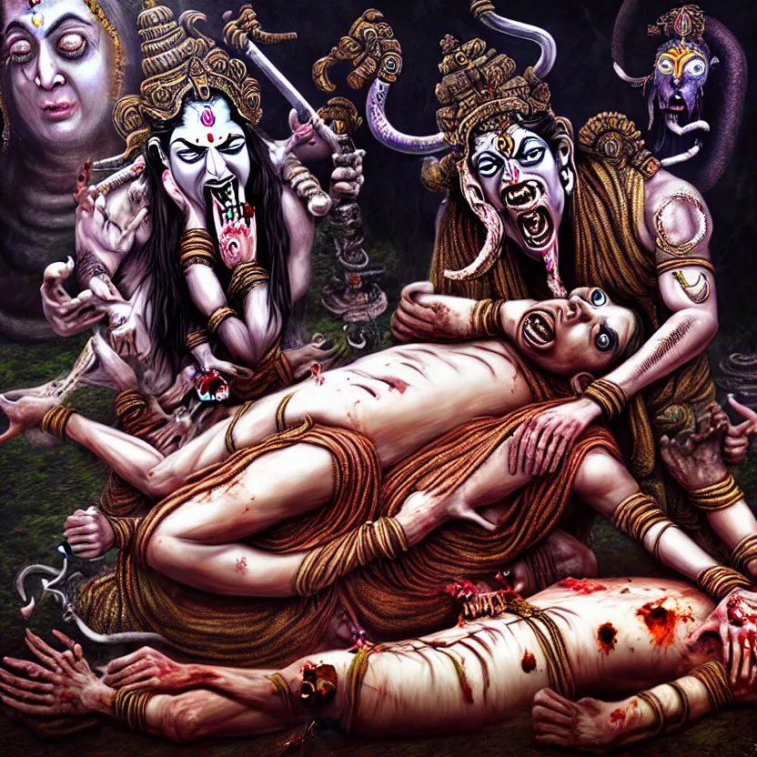 Image similar to kali with her tongue sticking out standing over the corpse of shiva, digital art, hyperrealistic nightmare scene, supernatural, highly detailed, creepy, terrifying