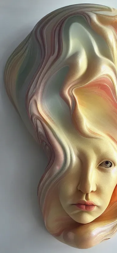 Image similar to epic, abstract sculpture of beautiful female face and swirling marbling liquifying acrylic painting, clouds, golden hour, beautiful light, 3 d sculpture of carving marble