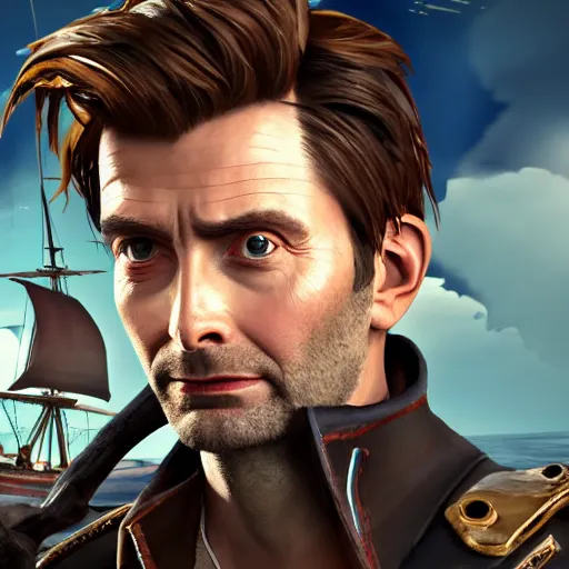 Prompt: david Tennant in the Sea of thieves, 85mm photography, ultra detailed, sharp focus, art by artgerm, 8k, game screenshot, hyperrealistic