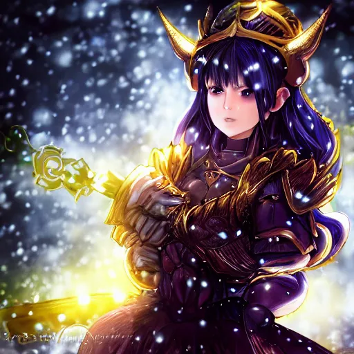 Image similar to full shot portrait focus of beautiful darkness knight 3D anime girl, golden armor wearing, dark forest background, snowing, bokeh, inspired by Masami Kurumada, digital painting, high contrast, unreal engine render, volumetric lighting, high détail