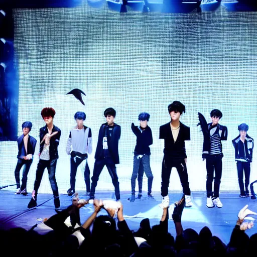 Image similar to KPOP boy band with bird heads performing on stage at a concert, realistic, historical, wide shot