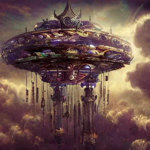Image similar to flying city in a mechanical flower, sky, fantasy art, steampunk, masterpiece