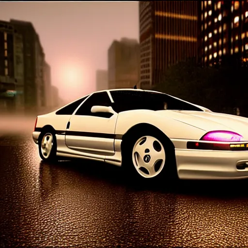 Image similar to highly detailed, photo realistic, 1 9 9 9 white ford probe gt at night in the rain driving on a city street, dense fog, unreal engine, beautiful, raw, by greg rutowski, by stanley artgerm, by alphonse mucha