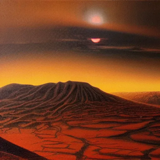 Prompt: beautiful view on hills on mars, sunset, beautiful lightning by hr giger, oil on canvas