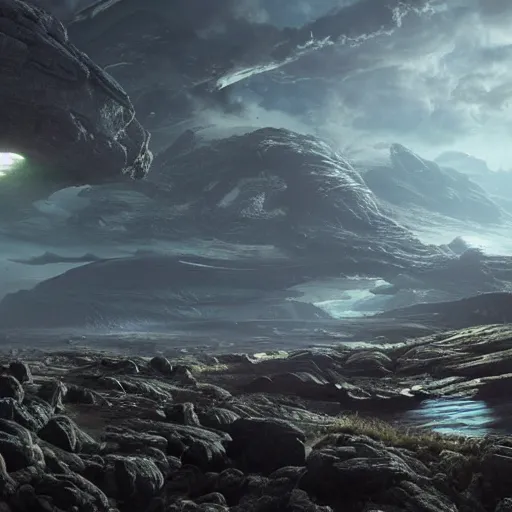Prompt: scene from prometheus movie, artlilery spaceship lands in an alien landscape, filigree ornaments, volumetric lights, greg rutkowski