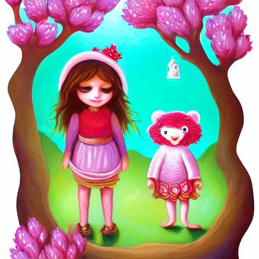 Prompt: a painting of a little girl and a bear, a storybook illustration by Jeremiah Ketner, deviantart contest winner, fantasy art, storybook illustration, digital illustration, deviantart hd