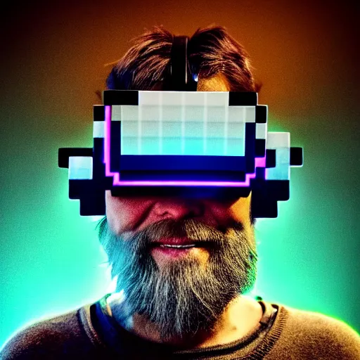 Prompt: Colour Minecraft style Photography of 1000 years old man with highly detailed 1000 years old face wearing higly detailed cyberpunk VR Headset designed by Josan Gonzalez Many details. . In style of Josan Gonzalez and Mike Winkelmann andgreg rutkowski and alphonse muchaand Caspar David Friedrich and Stephen Hickman and James Gurney and Hiromasa Ogura. Rendered in Blender