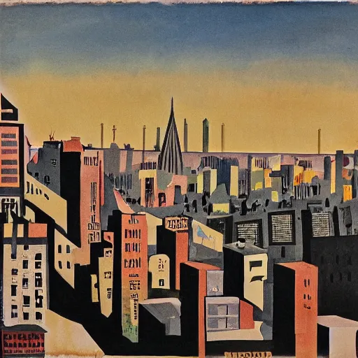 Prompt: google mild, spirited by simon bisley, by kara walker, by diane arbus. a print of a cityscape. the print shows a view from an elevated train line of the city below.
