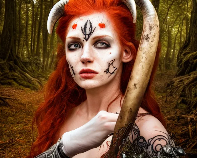 Image similar to 5 5 mm portrait photo of an armored gorgeous anesthetic redhead woman warrior with a face tattoo and lamb horns growing from her head, in a magical forest in the style of stefan kostic, art by luis royo. highly detailed 8 k. intricate. lifelike. soft light. nikon d 8 5 0. cinematic post - processing