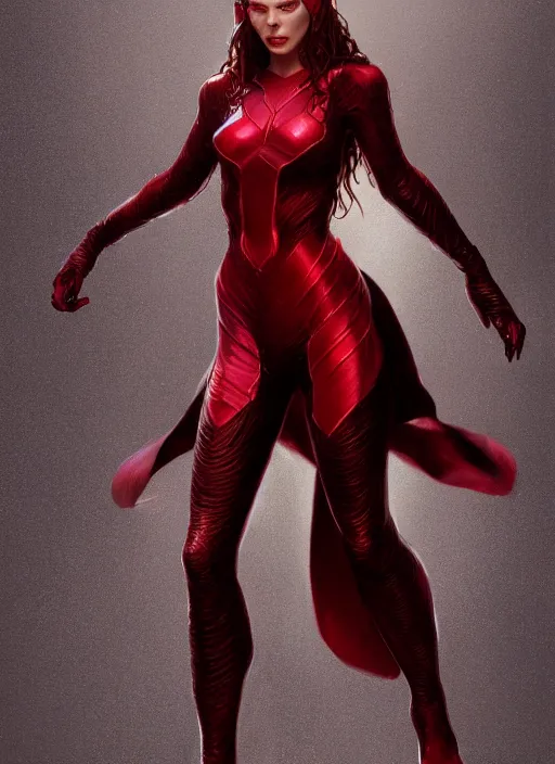 Prompt: Scarlet Witch, full body portrait, hyper detailed, digital art, trending in artstation, cinematic lighting, studio quality, smooth render, unreal engine 5 rendered, octane rendered, illustration, art style by klimt and wlop and nixeu and krenz cushart