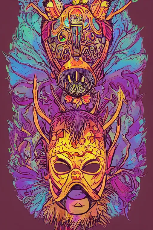 Image similar to animal mask totem roots flower tribal feather gemstone plant wood rock shaman vodoo video game vector cutout illustration vivid multicolor borderlands comics by josan gonzales and dan mumford radiating a glowing aura