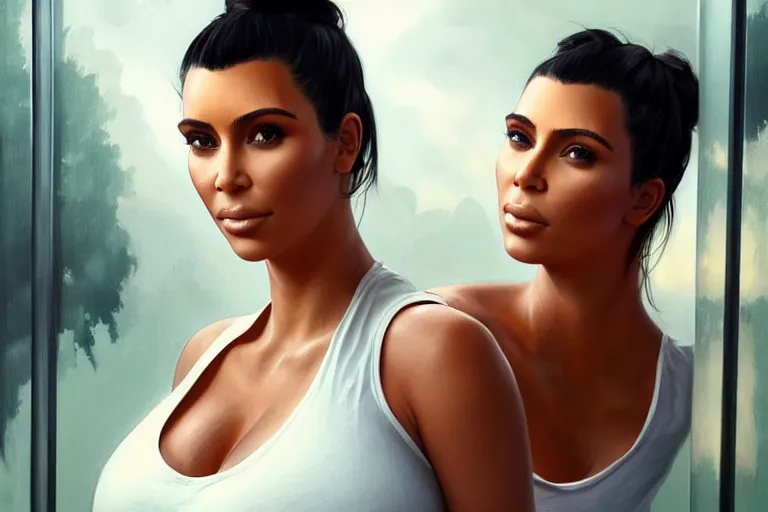 Prompt: pregnant kim kardashian in a white tank top leaning sat at a bus stop, realistic portrait, symmetrical, highly detailed, digital painting, artstation, concept art, smooth, sharp focus, illustration, cinematic lighting, art by artgerm and greg rutkowski and alphonse mucha