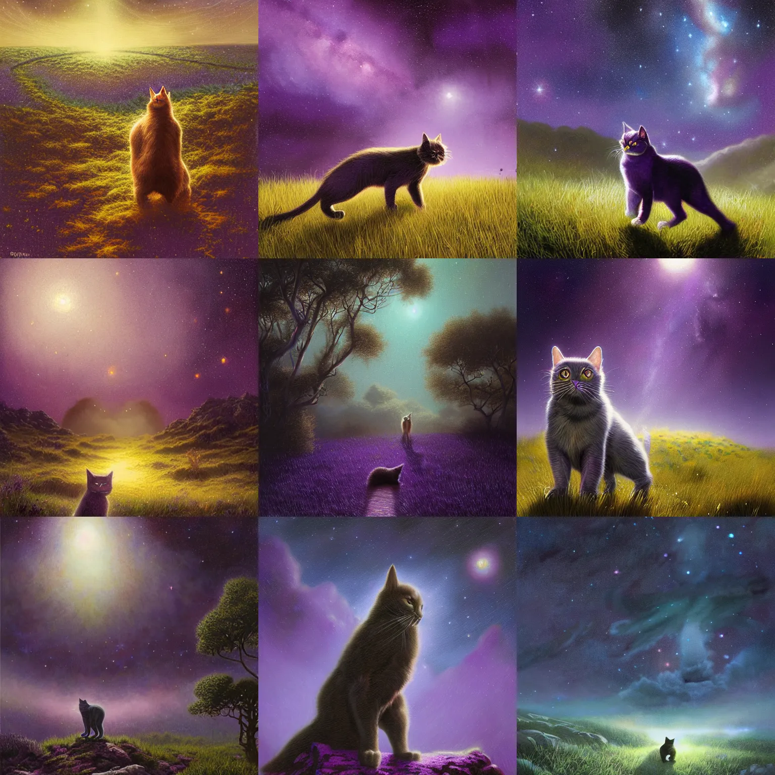 Prompt: artstation concept of a purple cat standing in a shrubland. cat meowing, shrubland and starry sky wide, bright colorful, purple, hyperdetailed, artstation trending, world renowned artists, historic artworks society, antique renewel, cgsociety, by greg rutkowski, by gustave dore, deviantart