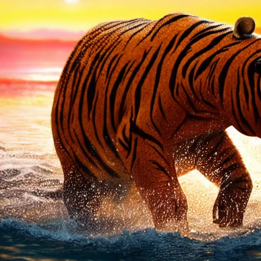 Image similar to a closeup photorealistic photograph of a cute smiling knitted tiger hippopotamus chasing beachballs during sunset. teeth exposed, surf in the background. professional capture. this 4 k hd image is trending on artstation, featured on behance, well - rendered, extra crisp, features intricate detail, epic composition and the style of unreal engine.