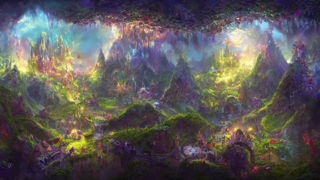 prompthunt: a mystical wonderland, high fantasy, magical elements, vibrant  colors, lush landscape