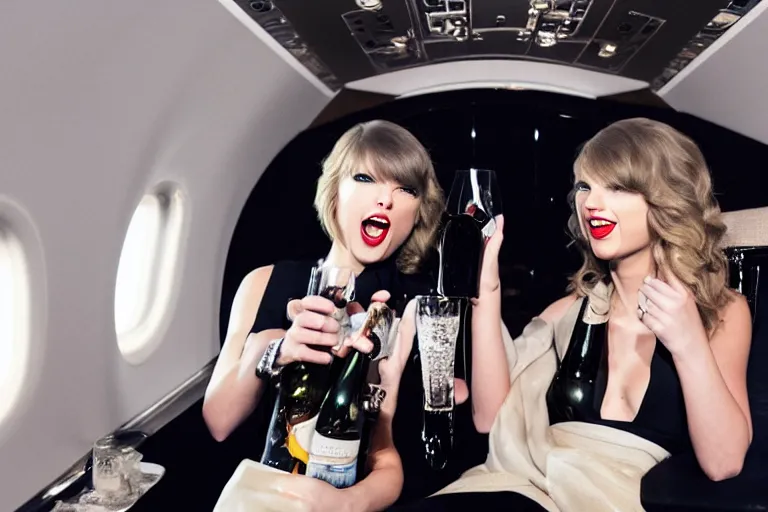 Image similar to Cinematography Taylor Swift Lauging and drinking champagne in her private jet by Emmanuel Lubezky