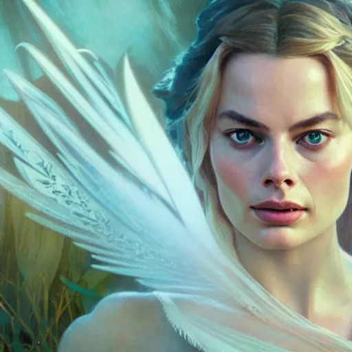 Prompt: margot robbie as galadriel by leonardo divinci, greg rutkowski, alphonse mucha, mystical cosmic lighting, octane render, artstation, rey tracing, golden ratio, rule of thirds, perfect composition