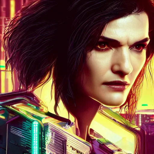 Prompt: rachel weisz portrait, Cyberpunk 2077, cyberpsycho, photorealistic, ultra detailed, neon, octane, bokeh, cyber, cyberpunk city, feature, scars, cyberface, 8k