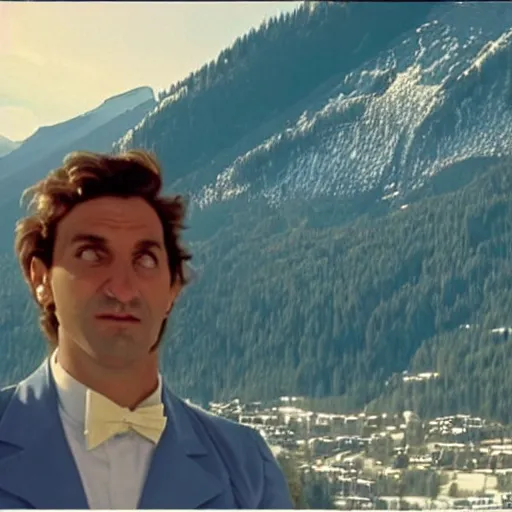 Image similar to Poetic sequence in Mr. Clean, a movie by Wes Anderson starring Adrian Brody. Adrian Brody tries to clean the windows of a large hotel in the Alps with mountain in the background. Splendid Wes Anderson colors, cinematic, very crisp