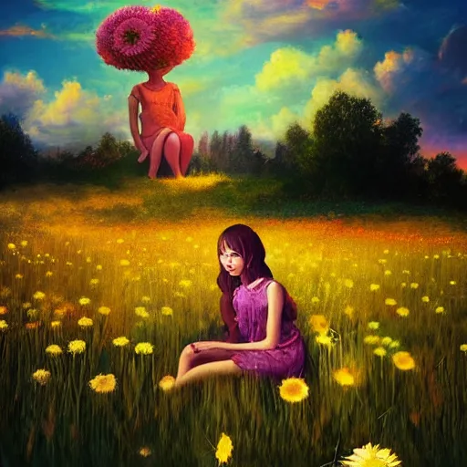 Image similar to giant daisy flower head, girl sitting in a flower field, surreal photography, sunrise, dramatic light, impressionist painting, colorful clouds, digital painting, artstation, simon stalenhag