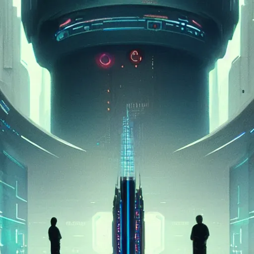 Image similar to professional painting of tiny people praying to monumental conscious supercomputer with huge - cybernetic - face!!!! in the center of endless colossal room, trending on artstation, cyberpunk, sci - fi, futuristic, by greg rutkowski and maciej kuciara, high quality