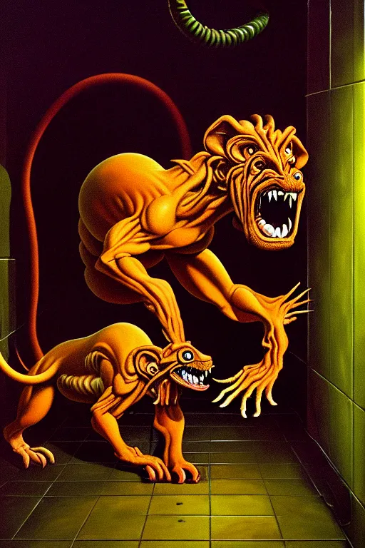 Image similar to a hyperrealistic painting of a chimera creature breaking out of a containment chamber in a secret science laboratory facility, by chris cunningham and richard corben, highly detailed, vivid color,