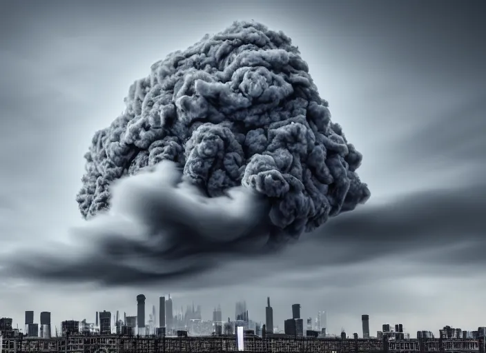 Image similar to nuclear cloud in the city . Horror dystopia style. Highly detailed 8k. Intricate. Nikon d850 300mm. Award winning photography.