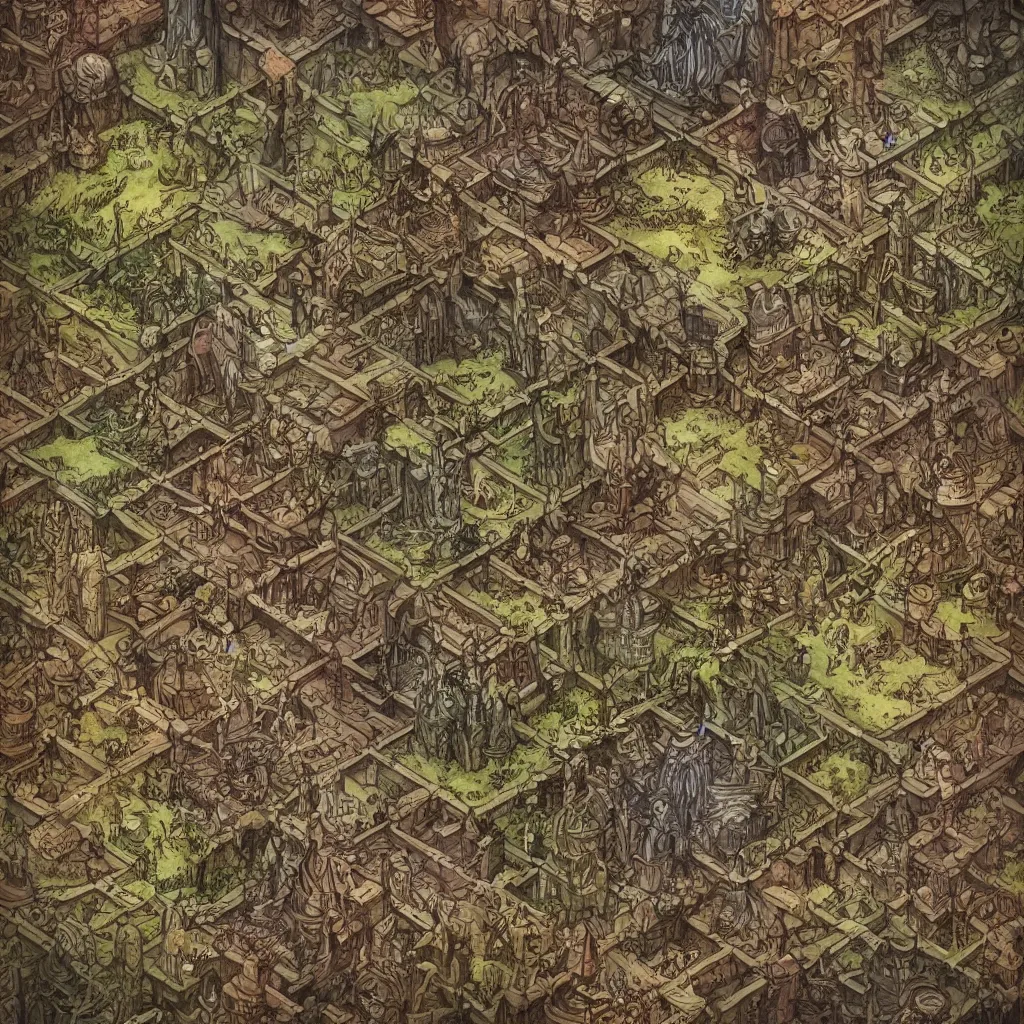 Prompt: an isometric dark fantasy map with flavors of disney, brian froud and hr giger