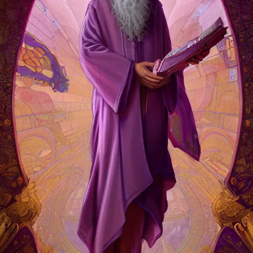 Image similar to highly detailed stunning image of a purple robe wizard full body in mucha style, 3 d render by andrei riabovitchev, shaun tan and peter mohrbacher octane render. hyper realistic. soft illumination. artstation