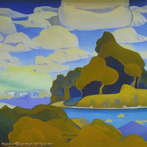 Image similar to painting of a lush natural scene on an alien planet by nicholas roerich. beautiful landscape. weird vegetation. cliffs and water.