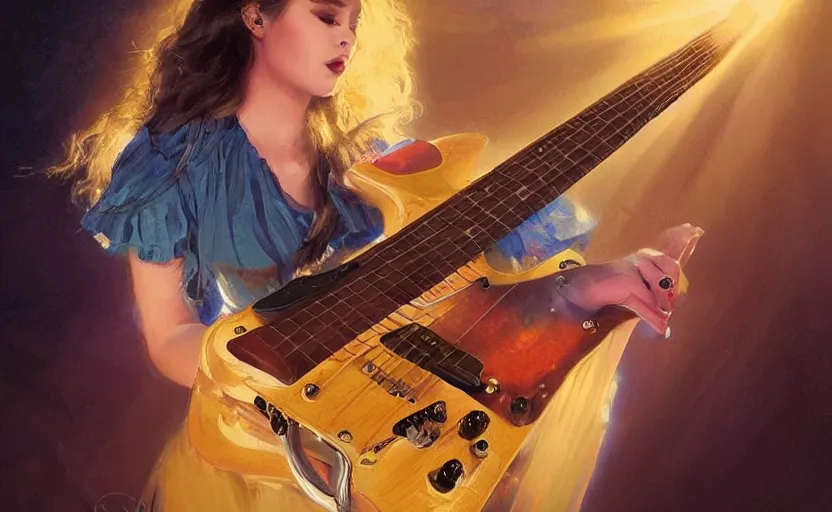 Image similar to rockstar girl playing electric guitar on stage. by edward robert hughes, by konstantin razumov, by william - adolphe bouguerea, by artgerm, pixar, artstation trending, concept art, digital art, digital painting, dramatic lighting, sharp focus, highly detailed, vxf movie, cinematic