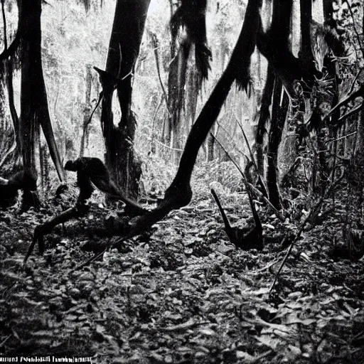 Prompt: Shadow creatures stalk through a forest, vietnam war photography