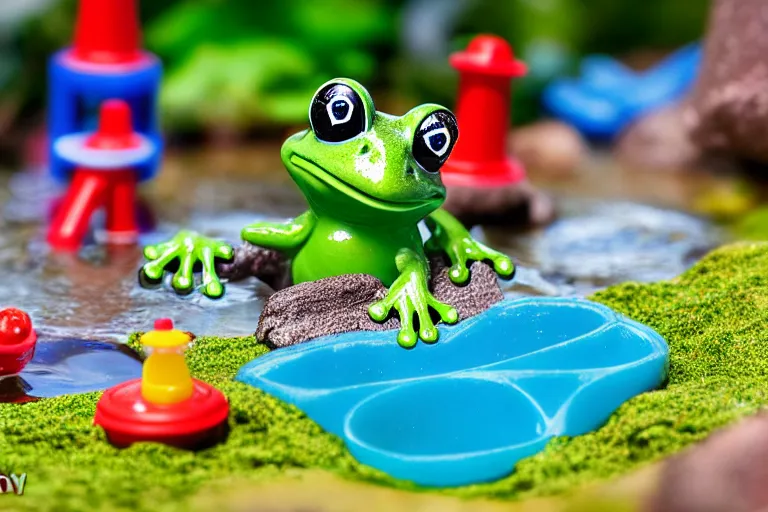 Prompt: fisher price frog pond, california, in 2 0 1 5, perfect focus, scene from tv show hyper detailed 5 5 mm 8 5 mm, toy photography, made out of plastic