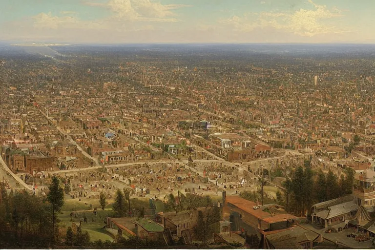 Image similar to birds eye view of a small but busy downtown midwestern town, 1 8 0 0 s, rule of thirds, matte painting, highly detailed, cinematic lighting, by albert bierstadt, frederic edwin church