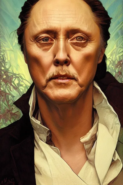 Image similar to portrait of christopher walken with an eyebrow ring and goatee, masterpiece painting by artgerm and greg rutkowski and alphonse mucha