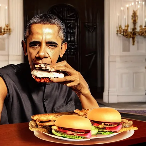 Image similar to barrack obama, sitting on the iron throne, eating a burger, anatomically correct