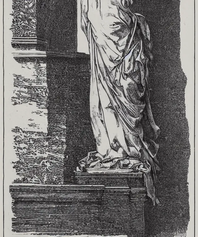 Image similar to raven sitting on a female marble bust on a white background, art by james o barr and albrecht durer and piranesi, woodblock print, engraved, black and white, vector, vector art
