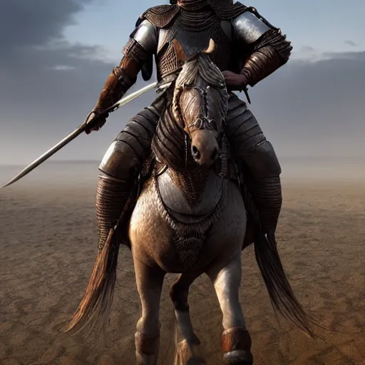 Prompt: middle eastern warrior on his horse the guy is holding a strong heavy sword the weather is foggy and the ground is muddy the horse have a heavy armour on his body photo - realistic unreal engine 5