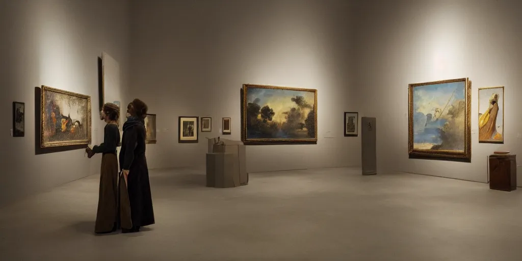 Prompt: an art gallery with pictures in the style of tim eitel in 1 6 5 0