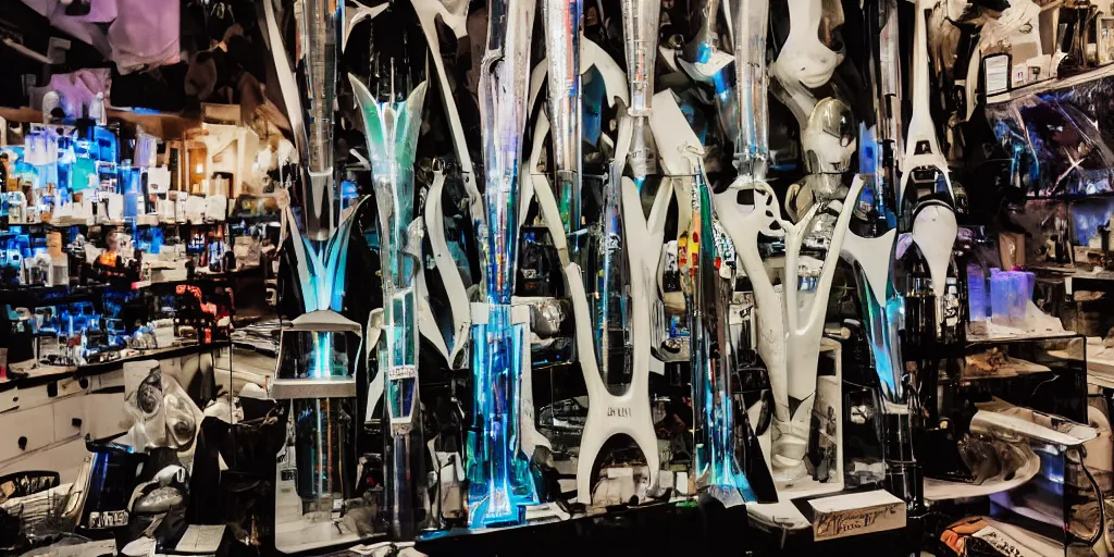 Image similar to a photo of a clean alien sword shop, futuristic, holographic, 8k, sharp focus, fujifilm