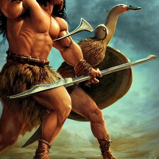 Image similar to conan the barbarian fighting a duck, epic fantasy, realistic