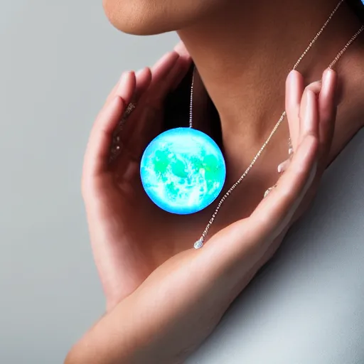 Image similar to closeup of a woman wearing a neckless with a glowing planet Saturn as the pendant, the rings are glowing around the planet, the woman's hand reaching for the pendant, in the style of Disney frozen