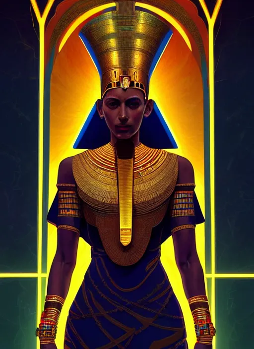 Prompt: symmetry!! portrait of ancient pharaoh wearing traditional attire, sci - fi, tech wear, glowing lights!! intricate, elegant, highly detailed, digital painting, artstation, concept art, smooth, sharp focus, illustration, art by artgerm and greg rutkowski and alphonse mucha