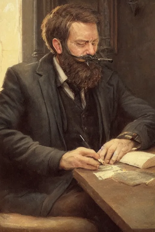 Image similar to portrait of a middle - aged writer with a beard, he is smoking a cigarette, style of greg rutkowski